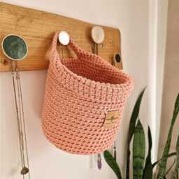 Nursery Wall Storage Basket, Crochet Cotton Hanging Organiser, Boho Baby Room Decor, Neutral - thumbnail 3