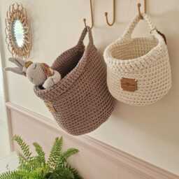 Nursery Wall Storage Basket, Crochet Cotton Hanging Organiser, Boho Baby Room Decor, Neutral - thumbnail 1