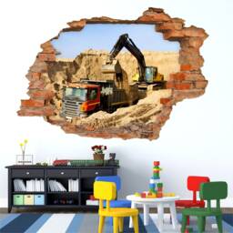 071 Wall Tattoo Construction Site Excavator Truck - Hole in The Wall Children's Room 6 Sizes Decoration Sticker Decal - thumbnail 3