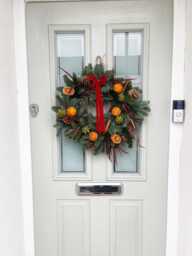 Fresh Christmas Door Wreath, Blue Spruce, Pinecones & Orange - thumbnail 1