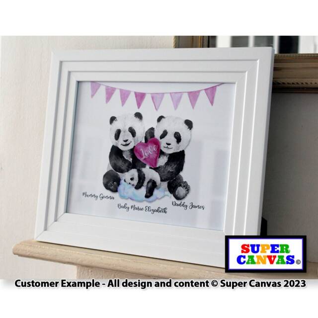 Newborn Baby Girl Boy Panda Family Custom Personalised Portrait Framed Print New Mum Dad Parents Welcome To The World Gift - image 1