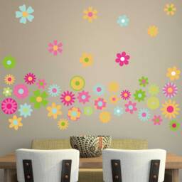Retro Flowers Wall Art Sticker Kit Decal Mural 60S 70S Vintage Floral Hippy Art Multicolour Pink Funky - thumbnail 1