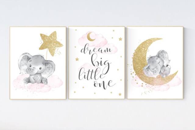 Elephant Nursery Prints Pink, Gold Moon & Stars Wall Art - image 1