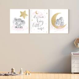 Elephant Nursery Prints Pink, Gold Moon & Stars Wall Art - thumbnail 2