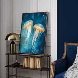 Abstract Jellyfish Art Print in Blue & Gold - Underwater Wall Decor Modern Coastal Piece - thumbnail 2