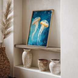 Abstract Jellyfish Art Print in Blue & Gold - Underwater Wall Decor Modern Coastal Piece - thumbnail 3