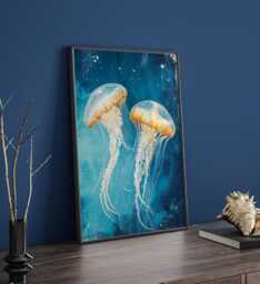 Abstract Jellyfish Art Print in Blue & Gold - Underwater Wall Decor Modern Coastal Piece - thumbnail 1