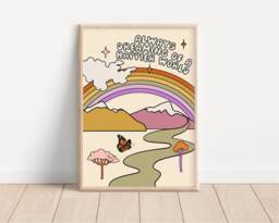 Positive Happy World Retro Print - Art, Groovy, 1970's, Bohemian, Colourful, Love Our Planet, Peace & Love, Hippie Style - thumbnail 1