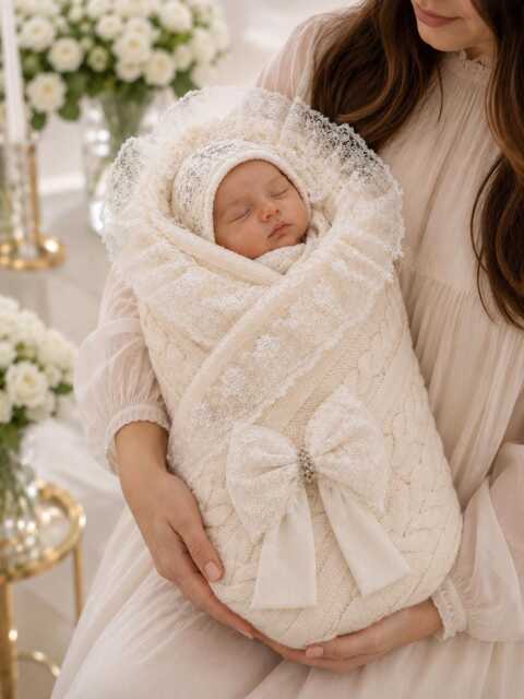 Ivory Christening Swaddle Blanket, Lace Baptism Baby Heirloom Newborn Wrap, Luxury Receiving Coming Home Gift - image 1