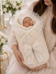 Ivory Christening Swaddle Blanket, Lace Baptism Baby Heirloom Newborn Wrap, Luxury Receiving Coming Home Gift - thumbnail 1