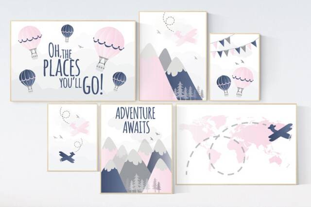 Mountain Nursery Art Pink Navy Airplane World Map Prints - image 1
