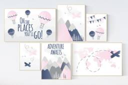 Mountain Nursery Art Pink Navy Airplane World Map Prints - thumbnail 1