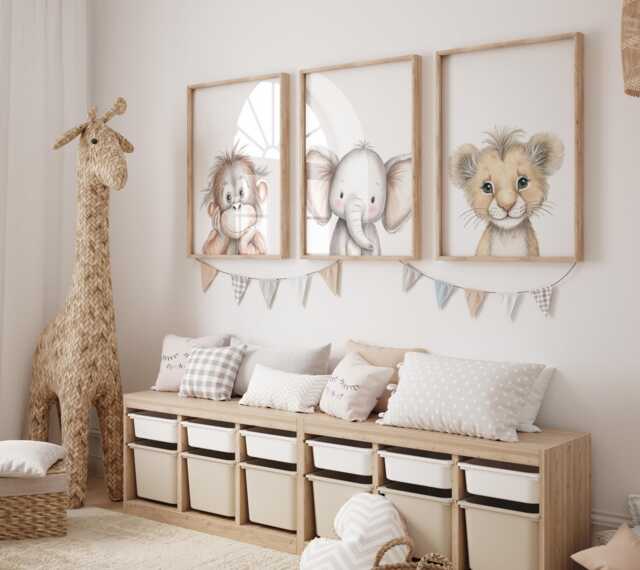 Safari Nursery Wall Prints, Decor, Boho Set Of 3 Beige Art, Neutral Art - image 1
