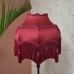 Hand-Stitched Burgundy Silk Lampshade Victorian Style With Maroon Fringe - thumbnail 3