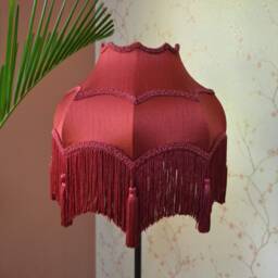 Hand-Stitched Burgundy Silk Lampshade Victorian Style With Maroon Fringe - thumbnail 2