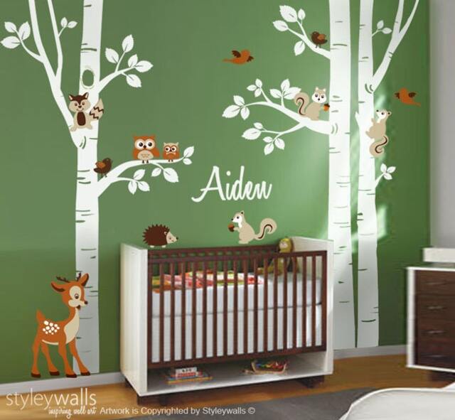 Birch Trees Wall Decal Nursery Forest Animals Sticker Owls Squirrels Bambi Baby Room Art Decor - image 1