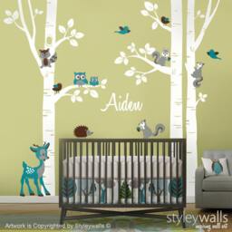 Birch Trees Wall Decal Nursery Forest Animals Sticker Owls Squirrels Bambi Baby Room Art Decor - thumbnail 2
