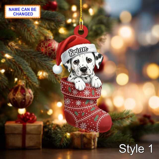 Custom Name Dog in Stocking Dalmatian Personalized Ornament, Christmas Tree Hanging Decor, 2D Flat Acrylic Ornament Holiday Gift - image 1