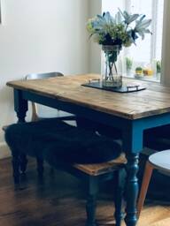 Narrow Repurposed Wood Dining Table Set With Benches - Farmhouse Kitchen