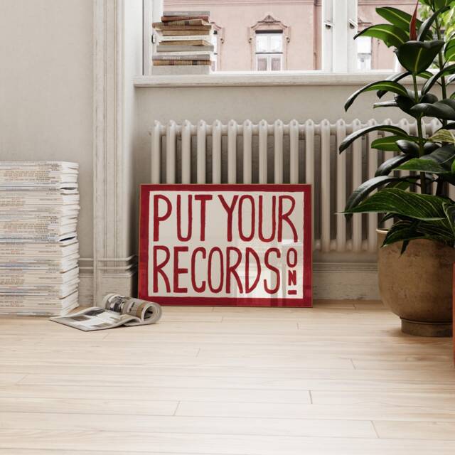 Retro Wall Art Print, Mid Century Modern Art, Red Put Your Records Hand Painted Music Prints, Landscape - image 1