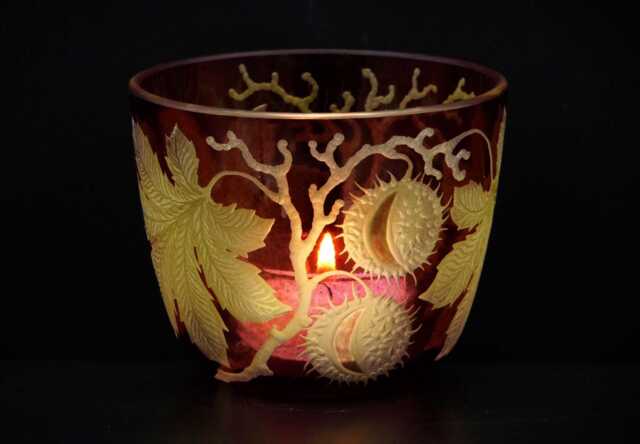 Tealight Holder Made Of Chestnut Wood With Deep Engraving, Mouth-Blown & Hand-Engraved - image 1