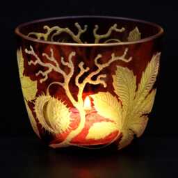 Tealight Holder Made Of Chestnut Wood With Deep Engraving, Mouth-Blown & Hand-Engraved - thumbnail 3