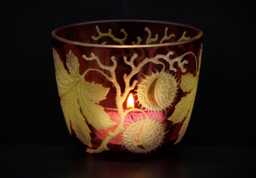Tealight Holder Made Of Chestnut Wood With Deep Engraving, Mouth-Blown & Hand-Engraved
