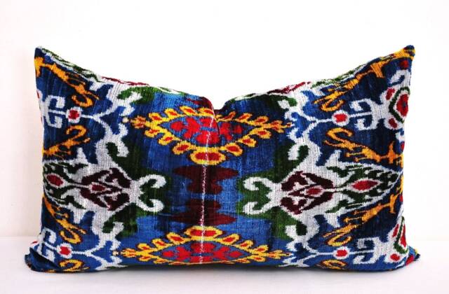 Handmade Silk Velvet Ikat Pillow Cover, Decorative Cushion - image 1