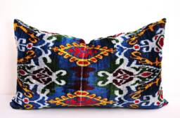 Handmade Silk Velvet Ikat Pillow Cover, Decorative Cushion - thumbnail 1