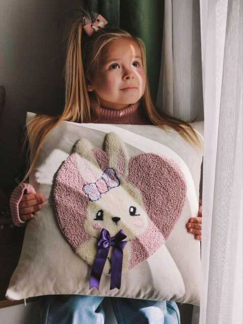 Babygirl Pink Bunny Pillowcase Punchneedle Handmade Pillow For Girl Badroom Gift Idea Princess Tufted Rabbit With Bow in A Pudra Heart - image 1