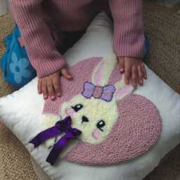 Babygirl Pink Bunny Pillowcase Punchneedle Handmade Pillow For Girl Badroom Gift Idea Princess Tufted Rabbit With Bow in A Pudra Heart - thumbnail 4