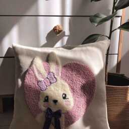 Babygirl Pink Bunny Pillowcase Punchneedle Handmade Pillow For Girl Badroom Gift Idea Princess Tufted Rabbit With Bow in A Pudra Heart - thumbnail 3