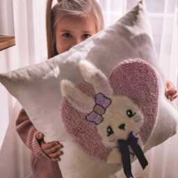 Babygirl Pink Bunny Pillowcase Punchneedle Handmade Pillow For Girl Badroom Gift Idea Princess Tufted Rabbit With Bow in A Pudra Heart - thumbnail 2