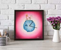 Hand-Painted Moon Clock Animal & Bear Illustration, Boys Room Decor Square Wooden Frame - thumbnail 1