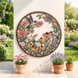 Hummingbird Wildflower Metal Art, Botanical Garden Wall Decor, Round Bird Sign, Porch Patio Floral Nature Gift