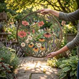 Hummingbird Wildflower Metal Art, Botanical Garden Wall Decor, Round Bird Sign, Porch Patio Floral Nature Gift - thumbnail 3