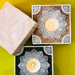 Set Of 3 Handcrafted Square Wooden Tea Light Candle Holders White Mandala Design Boho Wedding Table Decor Rustic Home Accent Bohemian Gifts - thumbnail 2