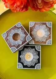 Set Of 3 Handcrafted Square Wooden Tea Light Candle Holders White Mandala Design Boho Wedding Table Decor Rustic Home Accent Bohemian Gifts - thumbnail 1