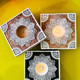 Set Of 3 Handcrafted Square Wooden Tea Light Candle Holders White Mandala Design Boho Wedding Table Decor Rustic Home Accent Bohemian Gifts - thumbnail 3