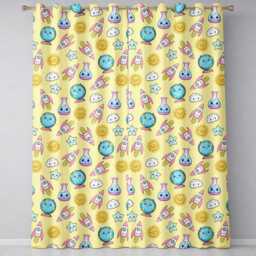 Cute Kawaii Space Rockets Planets Globes Suns Stars Yellow Seamless Pattern Readymade Eyelet Ring Top Thermal 100% Blackout Curtains - thumbnail 2
