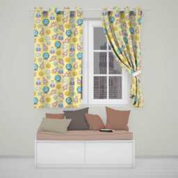 Cute Kawaii Space Rockets Planets Globes Suns Stars Yellow Seamless Pattern Readymade Eyelet Ring Top Thermal 100% Blackout Curtains