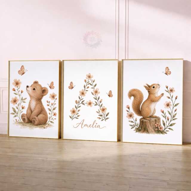 Woodland Nursery Prints - Girls Personalised Print Set Of 3, Boho Wildflower Bedroom Wall Art - image 1