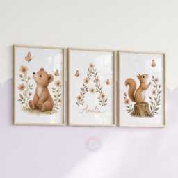 Woodland Nursery Prints - Girls Personalised Print Set Of 3, Boho Wildflower Bedroom Wall Art - thumbnail 2