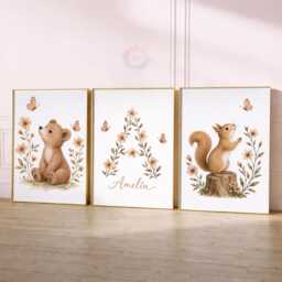 Woodland Nursery Prints - Girls Personalised Print Set Of 3, Boho Wildflower Bedroom Wall Art - thumbnail 1