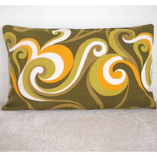 Mid Century Cushion Cover 1950's Ulster Weavers Mcm Irish Linen Moygashel Tourbillon Orange Green Brown Vintage 12x20 Bolster Pillow Sham - image 1