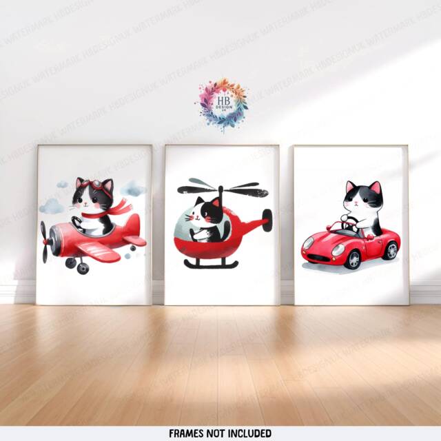 Red Cat Nursery Prints - Set Of 3 Posters - Vehicle Wall Art Car Poster Kid Cats Decor Transport Boys Bedroom Artwork - image 1