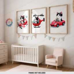 Red Cat Nursery Prints - Set Of 3 Posters - Vehicle Wall Art Car Poster Kid Cats Decor Transport Boys Bedroom Artwork - thumbnail 2