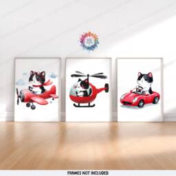 Red Cat Nursery Prints - Set Of 3 Posters - Vehicle Wall Art Car Poster Kid Cats Decor Transport Boys Bedroom Artwork - thumbnail 1