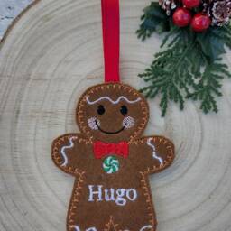 Felt Gingerbread Man Hanging Decoration For Christmas Tree - Personalised Holiday Gift With Custom Bow Tie & Buttons - thumbnail 2