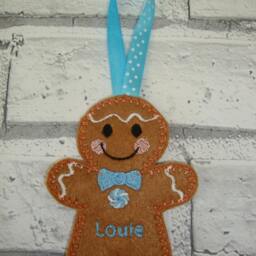Felt Gingerbread Man Hanging Decoration For Christmas Tree - Personalised Holiday Gift With Custom Bow Tie & Buttons - thumbnail 3